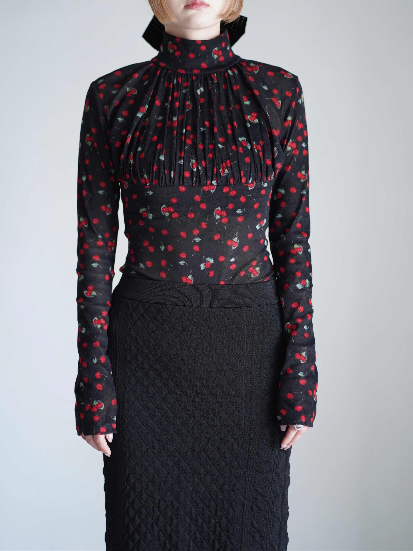 Printed velvet tulle turtleneck bodysuit