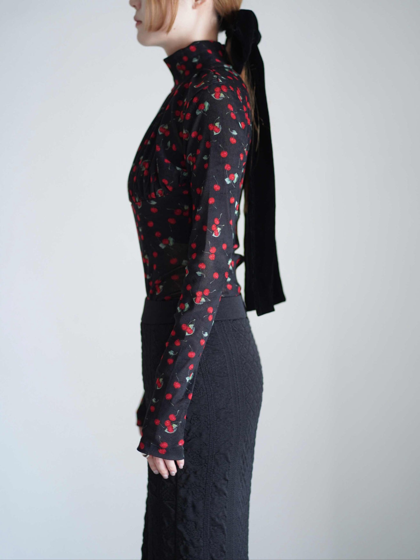 Printed velvet tulle turtleneck bodysuit