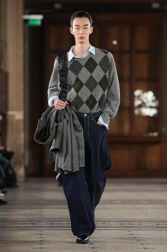 FINE WOOL ARGYLE KNIT CREW NECK LS