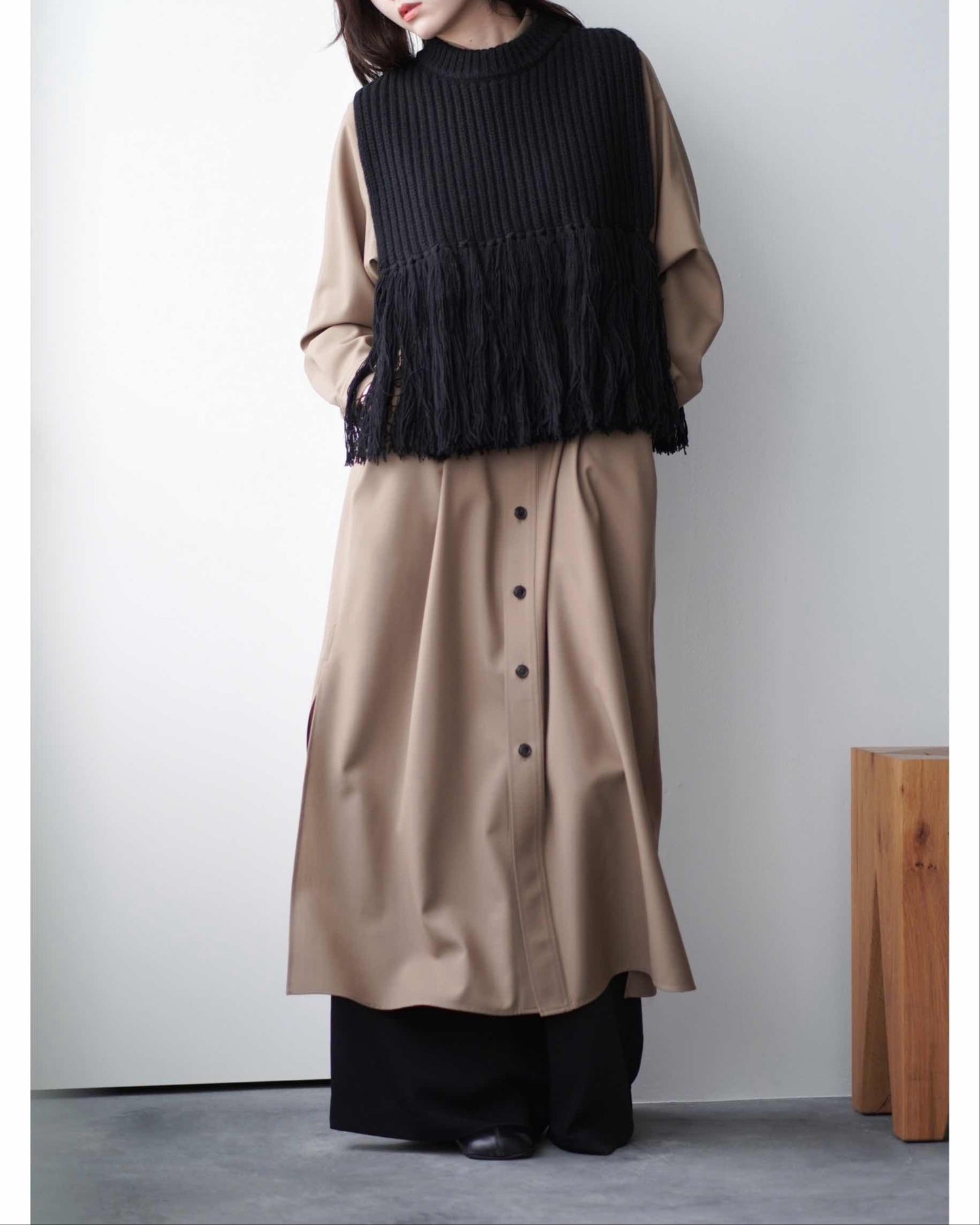 WOOL RIBBED SWEATER TOP WITH FRINGE