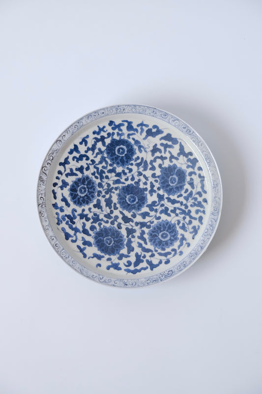 青花宝相華文7寸リム皿