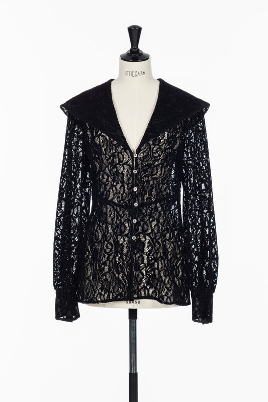 FLOCKED LACE SAILOR COLLAR BLOUSE