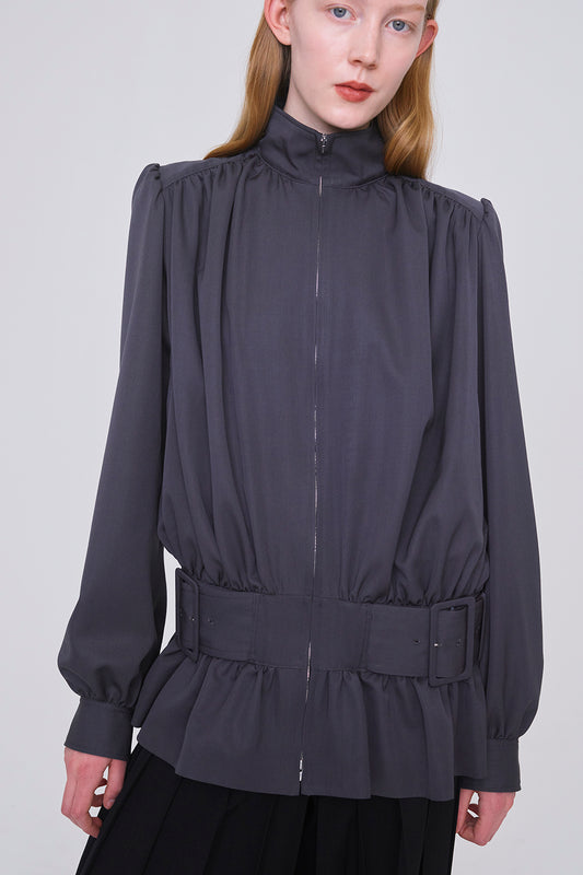 FINE WOOL SUITING GATHERED BELTED BLOUSON