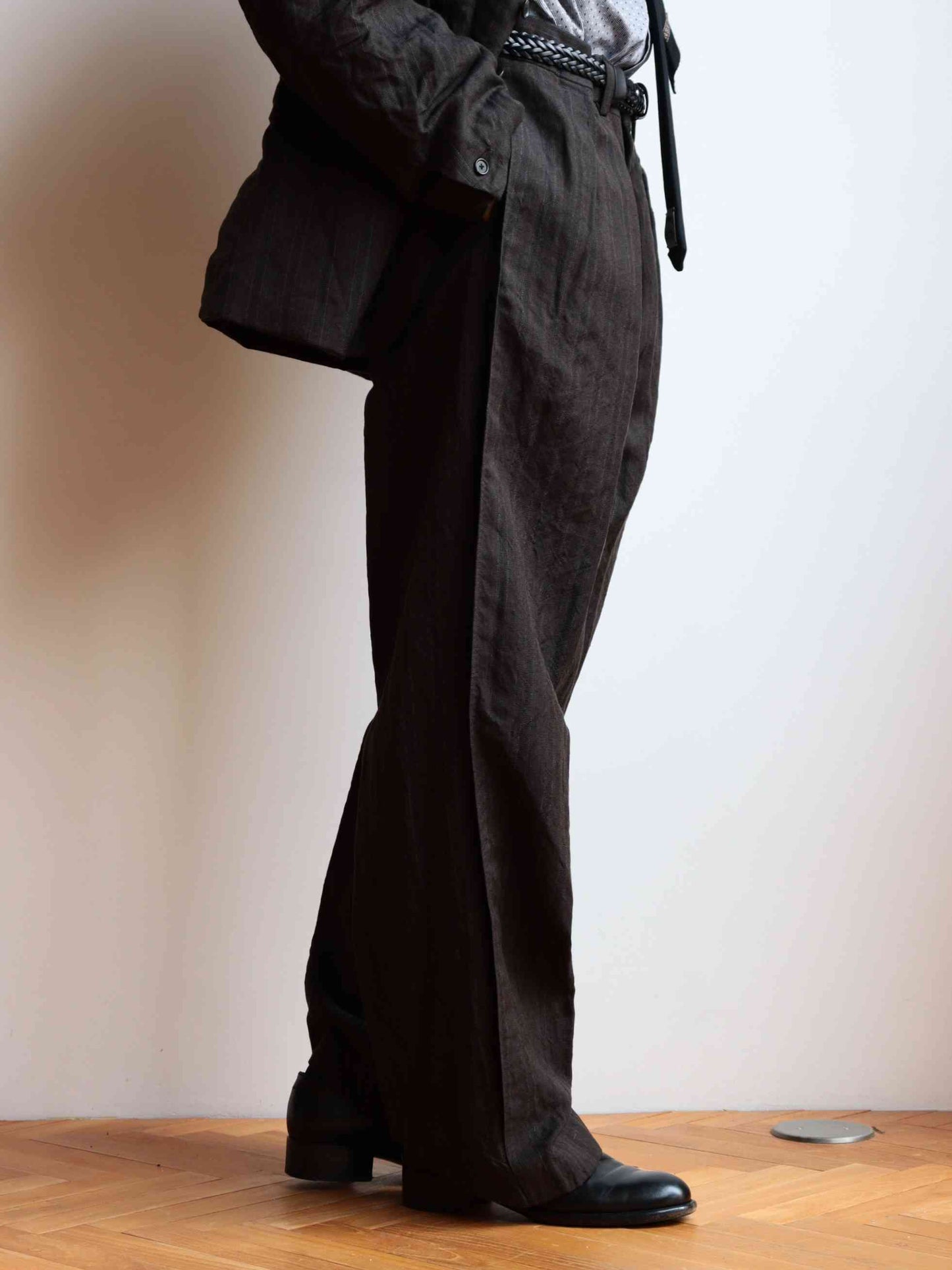 S.SCHENKER / ウールリネンストライプ フライングVトラウザー