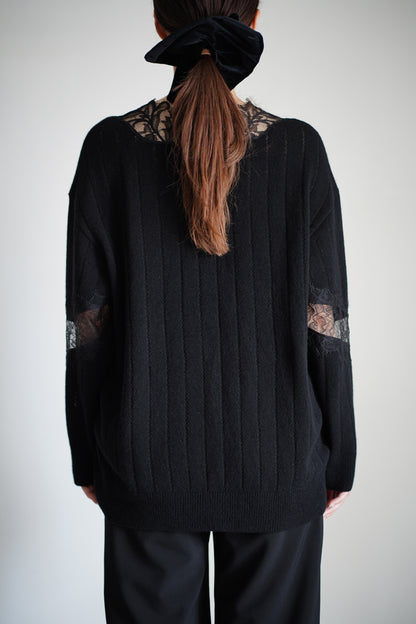 OVERSIZED HAIRY LACE PANELED KNIT CARDIGAN