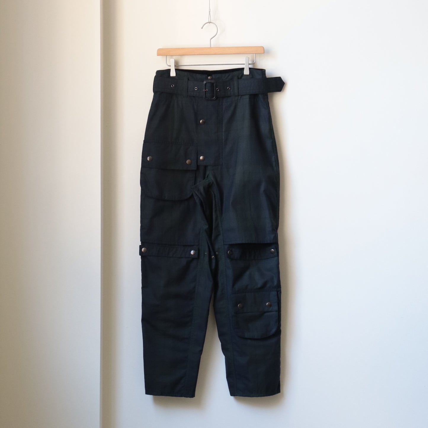 OILED TARTAN PLAID BELT PANTS