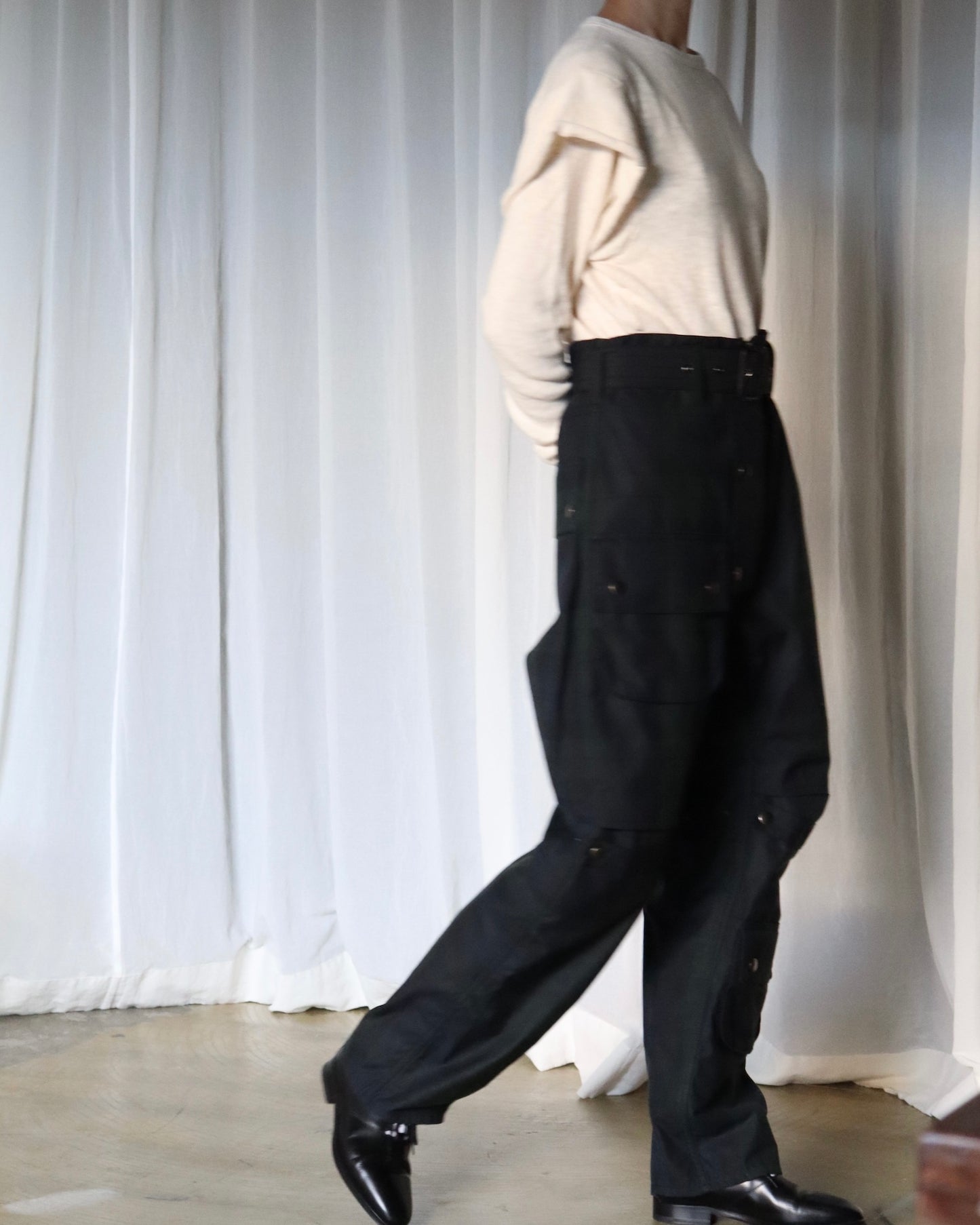 OILED TARTAN PLAID BELT PANTS