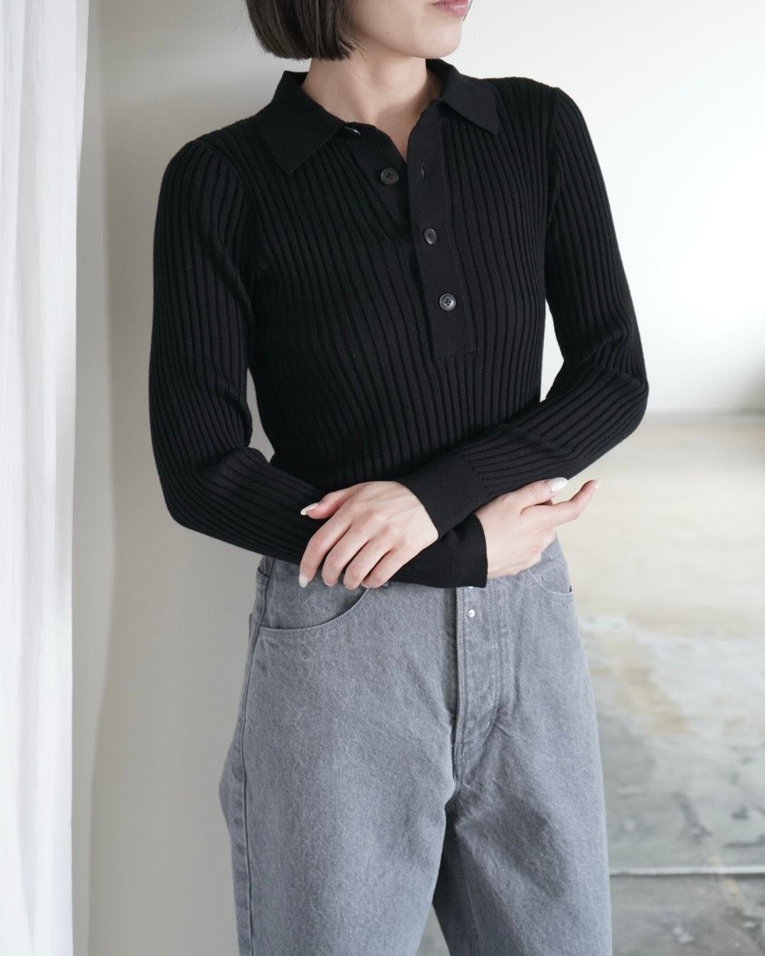 WIDE RIBBED POLO SWEATER