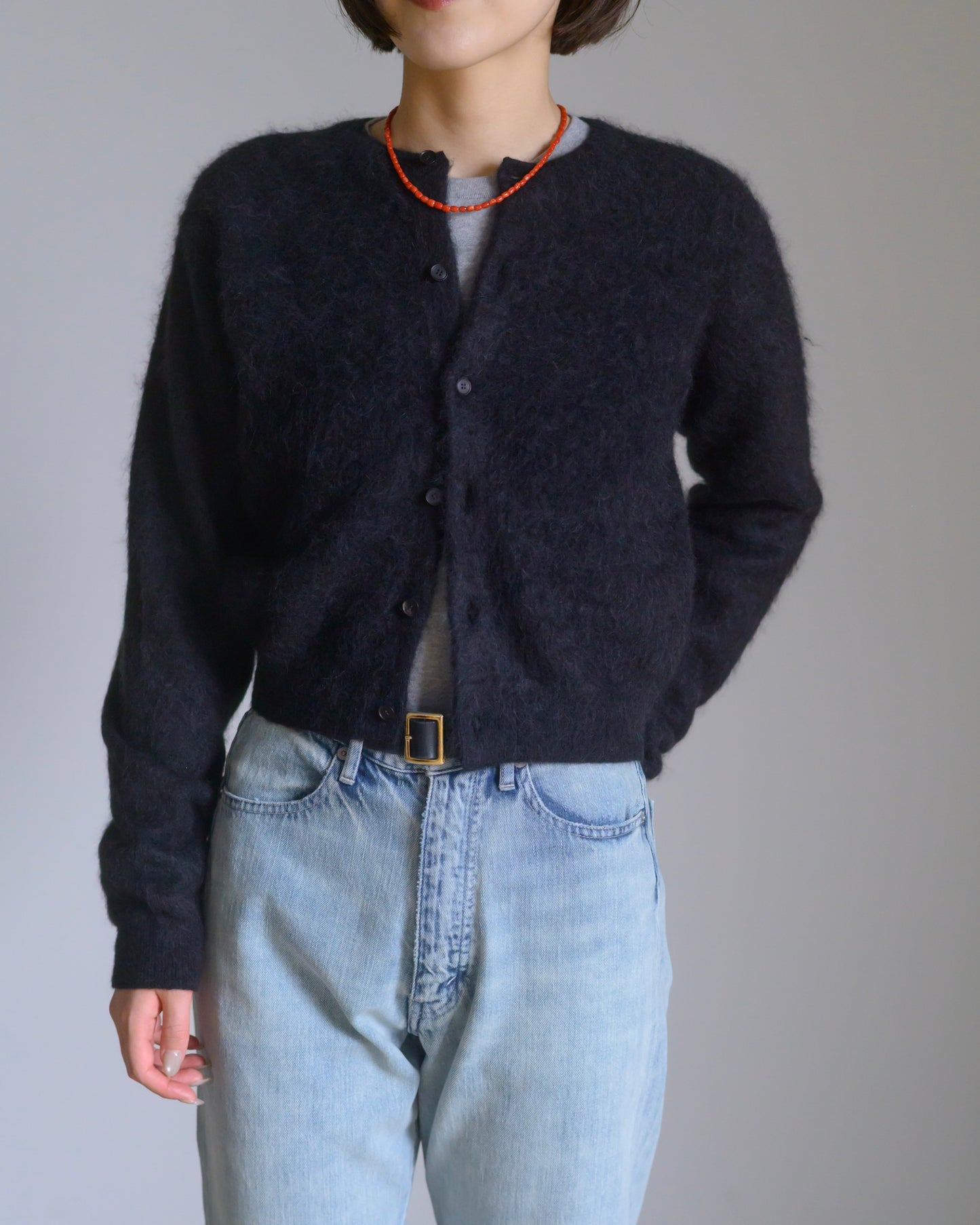 GARMENT-DYED BABY ALPACA FUR KNIT CREW-NECK CARDIGAN