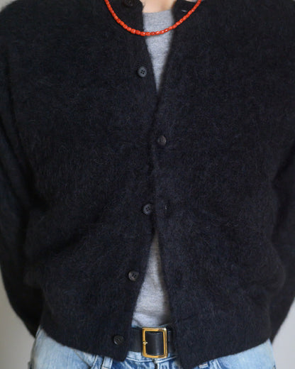 GARMENT-DYED BABY ALPACA FUR KNIT CREW-NECK CARDIGAN