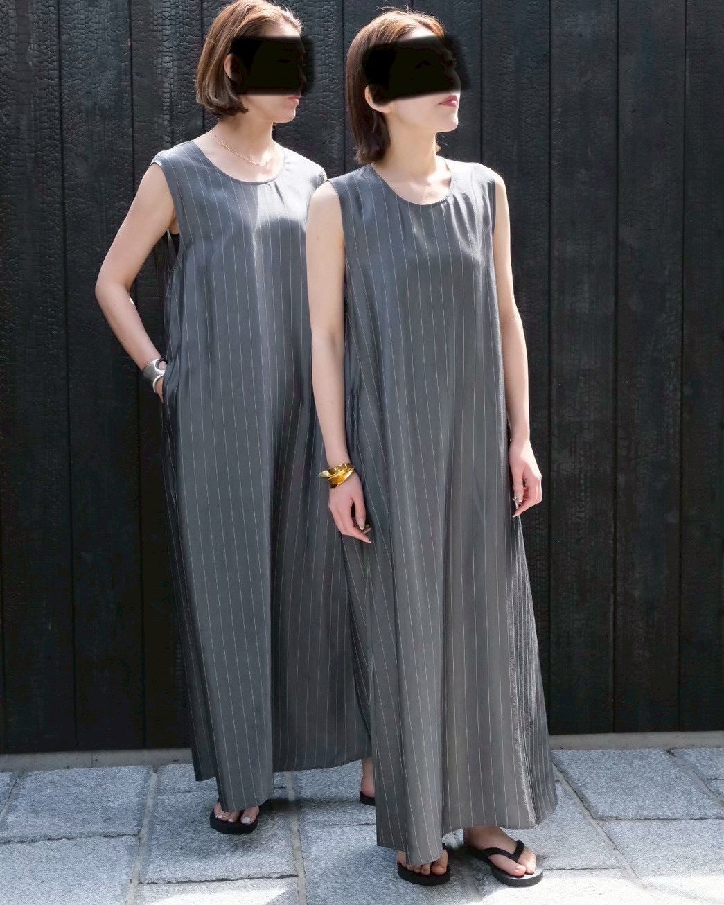 CUPRO PINSTRIPES ROUND NECK LONG DRESS (IDEAL Exclusive)