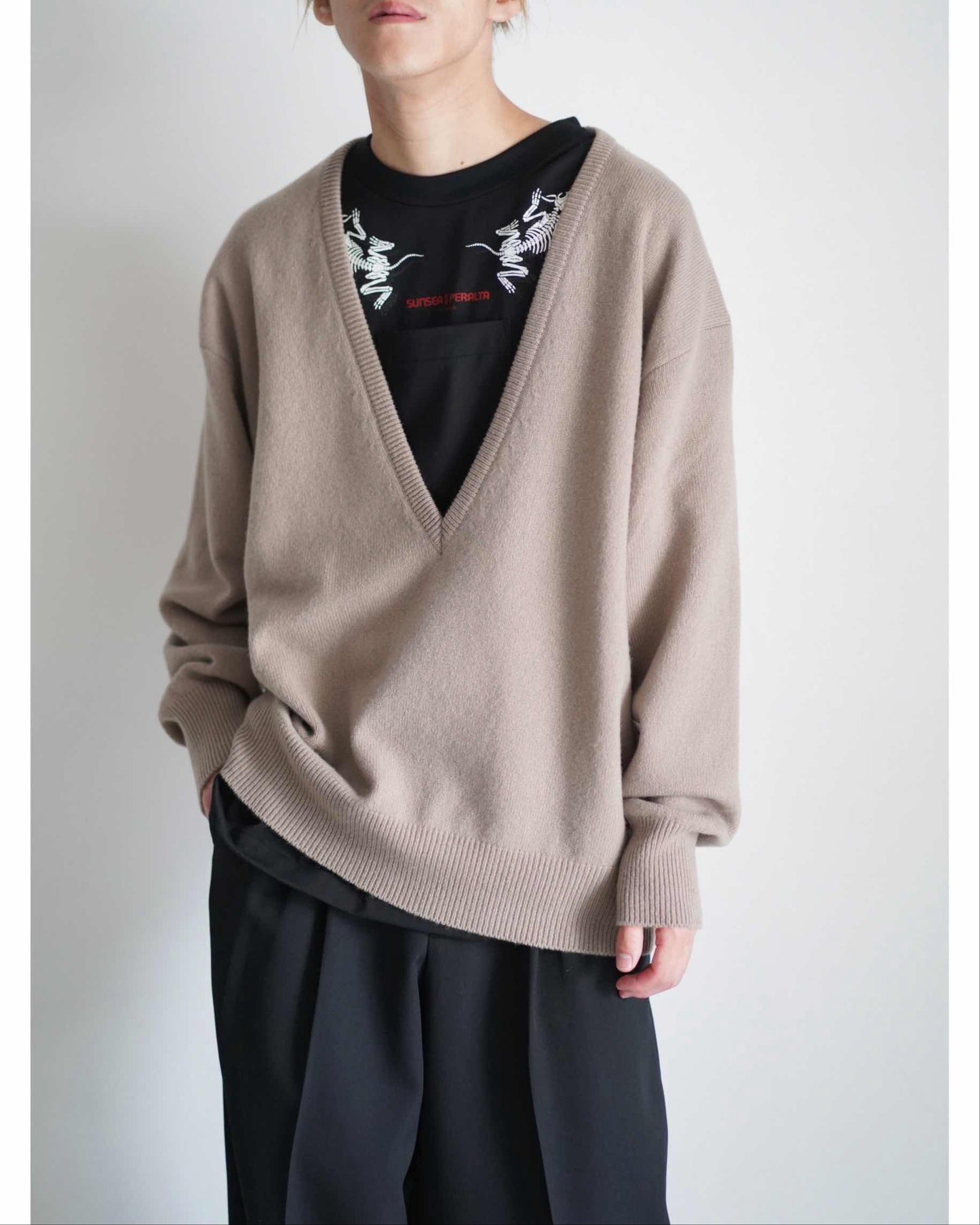 EXTRA FINE WOOL KNIT DEEP V NECK LS