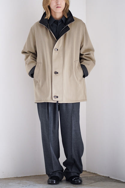 REVERSIBLE WOOL TWISTED TWILL / SHEEP LEATHER HALF COAT
