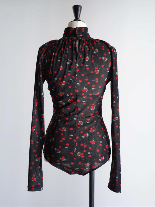 Printed velvet tulle turtleneck bodysuit