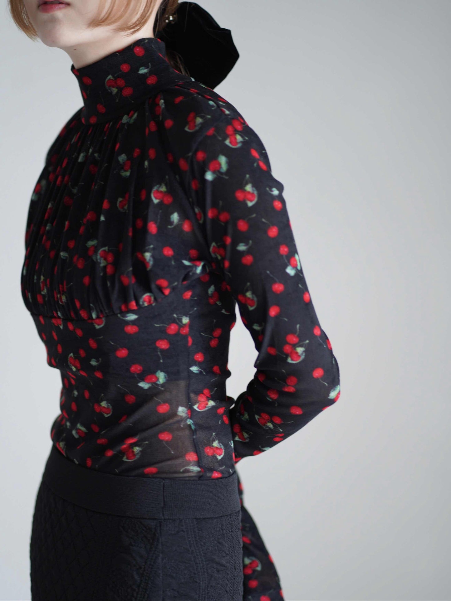 Printed velvet tulle turtleneck bodysuit