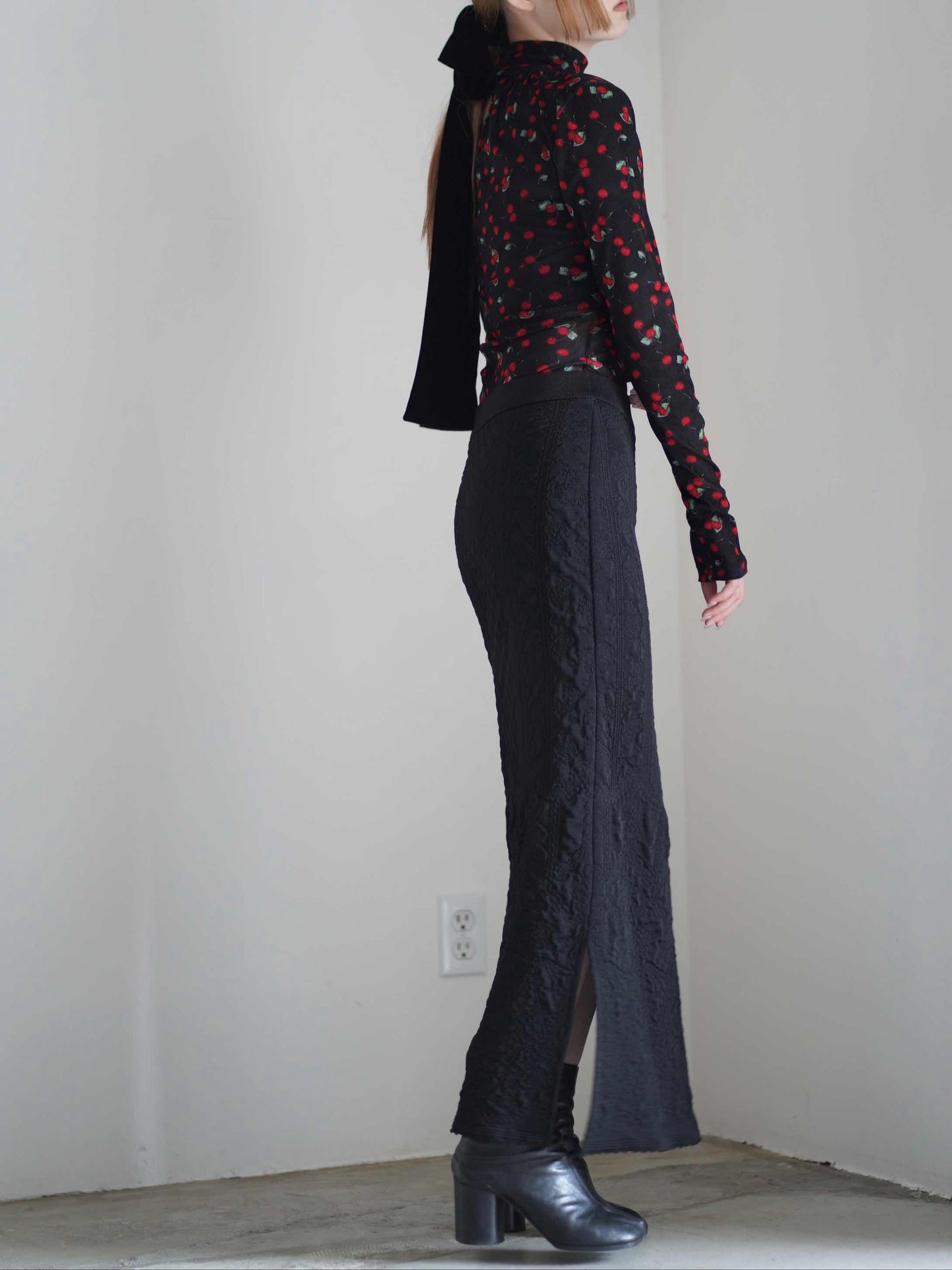 Printed velvet tulle turtleneck bodysuit