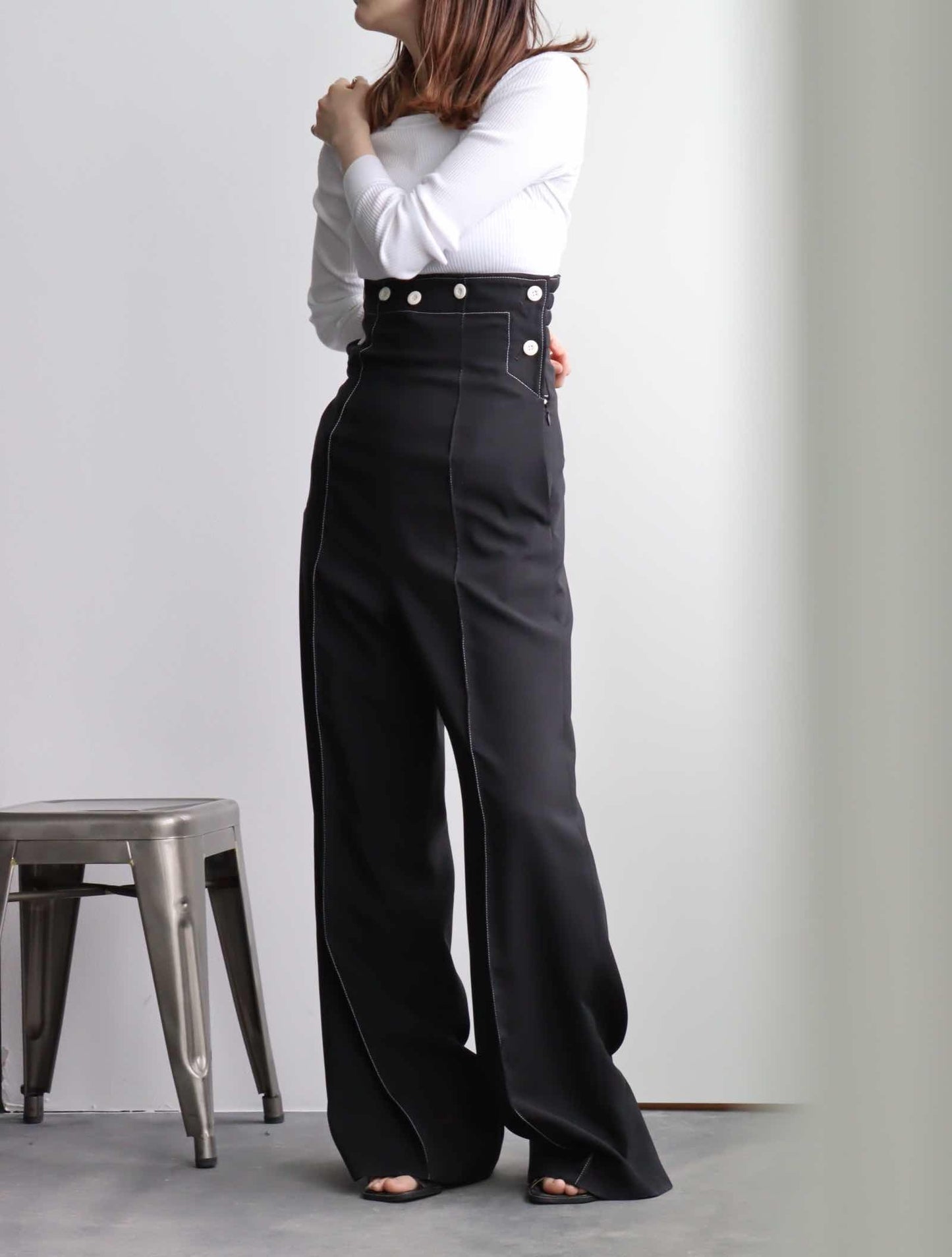 WHITE STTITCH HIGHT WAIST MARINE PANTS