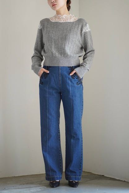 HAIRY LACE PANELED CROPPED PULLOVER