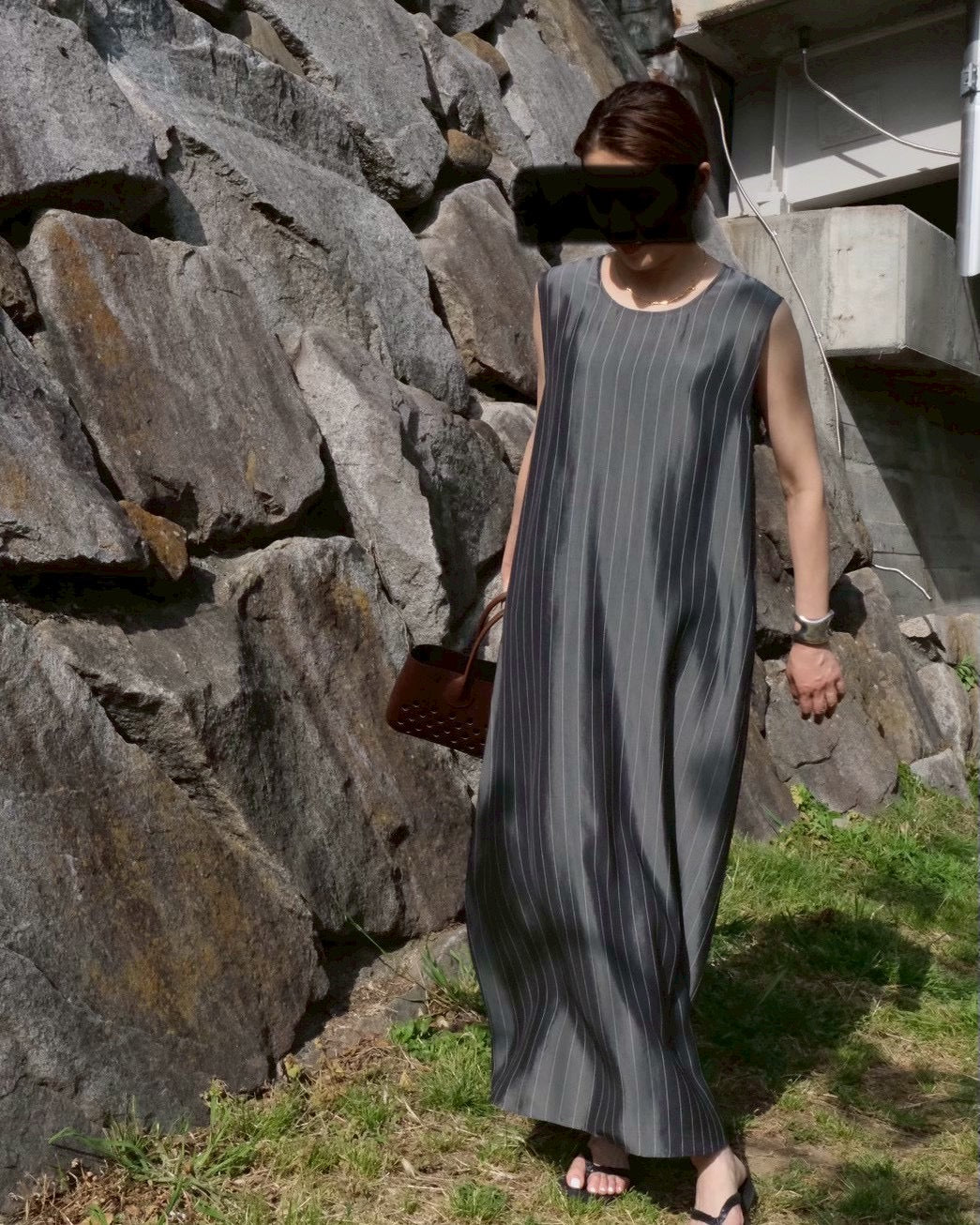 CUPRO PINSTRIPES ROUND NECK LONG DRESS (IDEAL Exclusive)