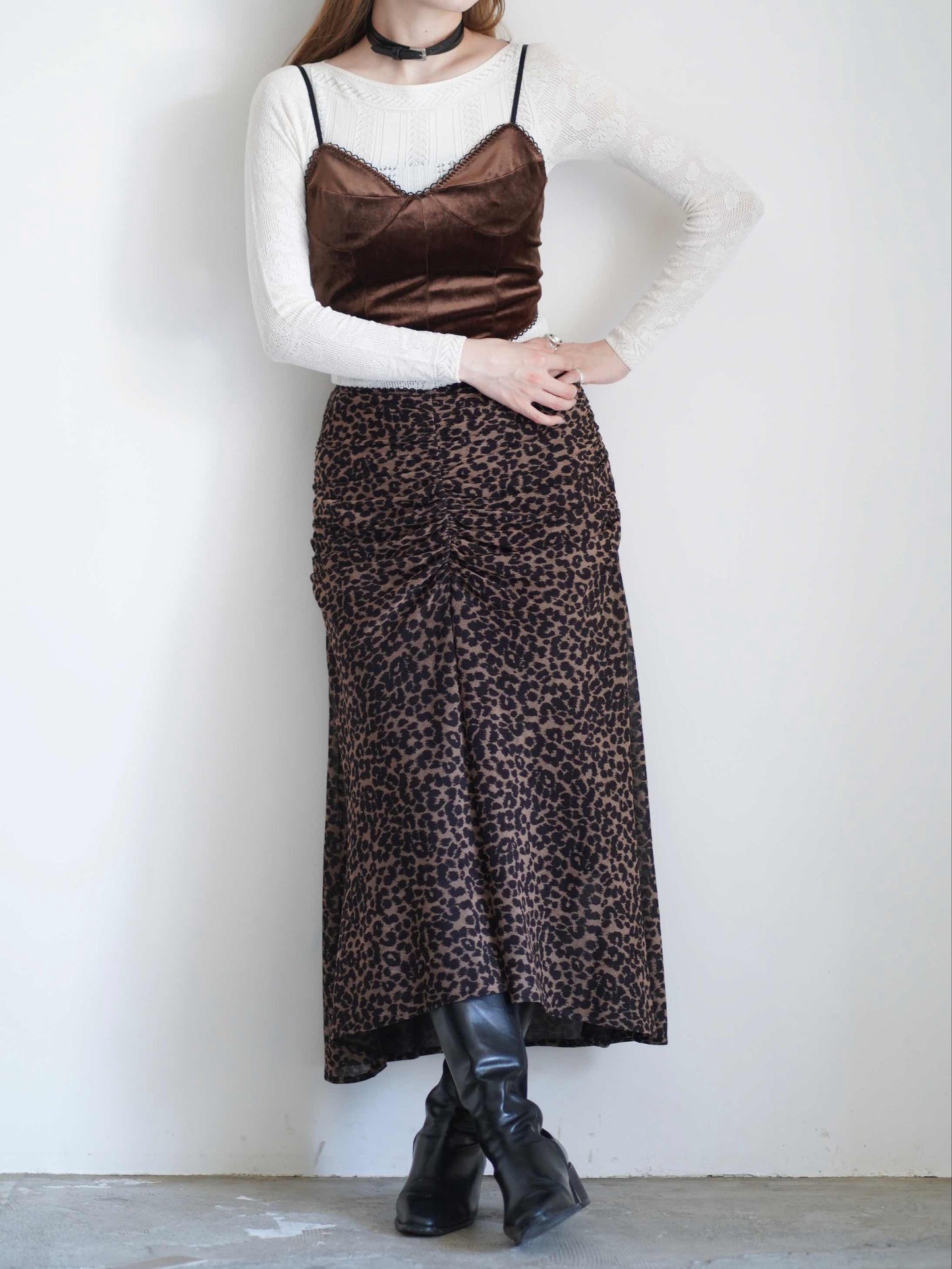 Printed velvet tulle gathered skirt