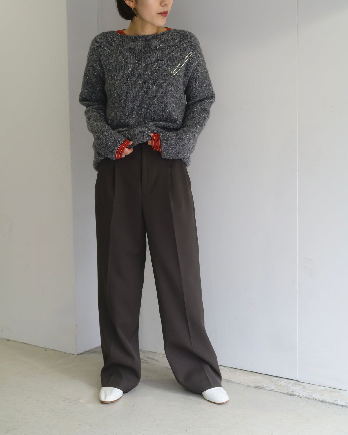 LOW-GAUGE HOMESPUN TWEED KNIT BOAT-NECK P/O