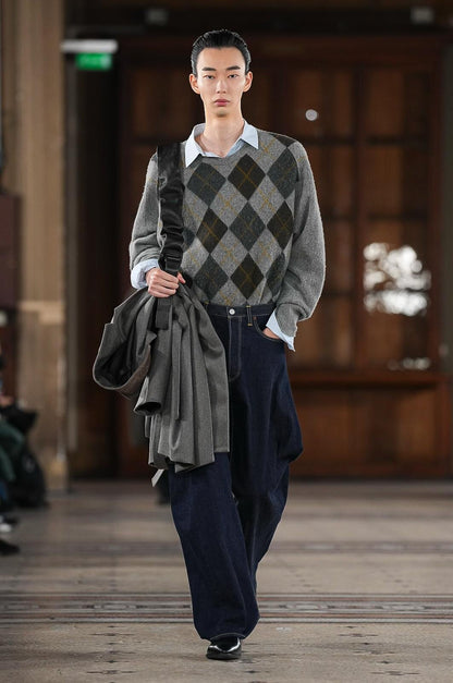 FINE WOOL ARGYLE KNIT CREW NECK LS