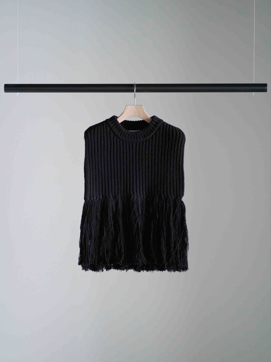 WOOL RIBBED SWEATER TOP WITH FRINGE