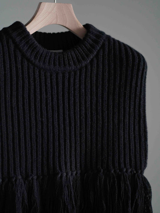 WOOL RIBBED SWEATER TOP WITH FRINGE