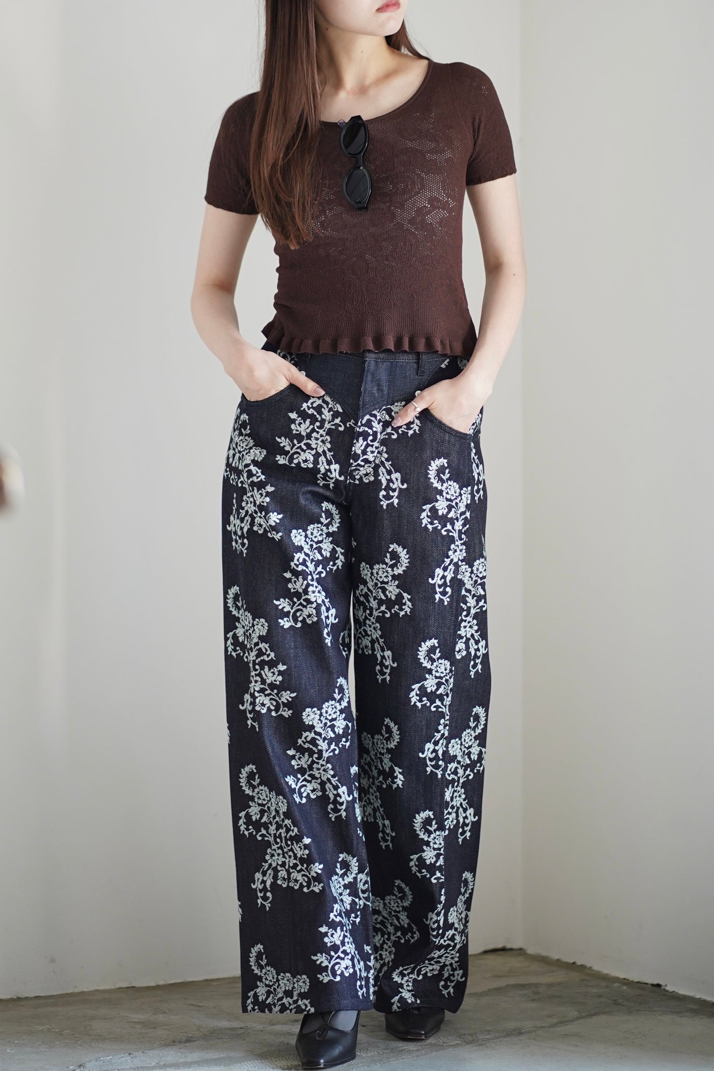 LACE-JACQUARD DENIM STRAIGHT JEANS