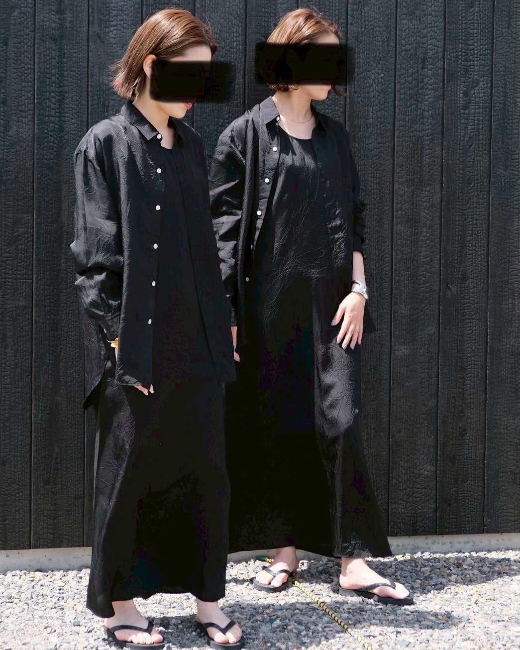 WRINKLED TWILL ROUND NECK LONG DRESS