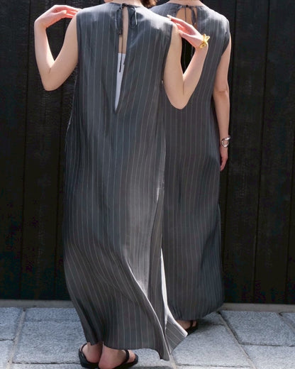 CUPRO PINSTRIPES ROUND NECK LONG DRESS (IDEAL Exclusive)