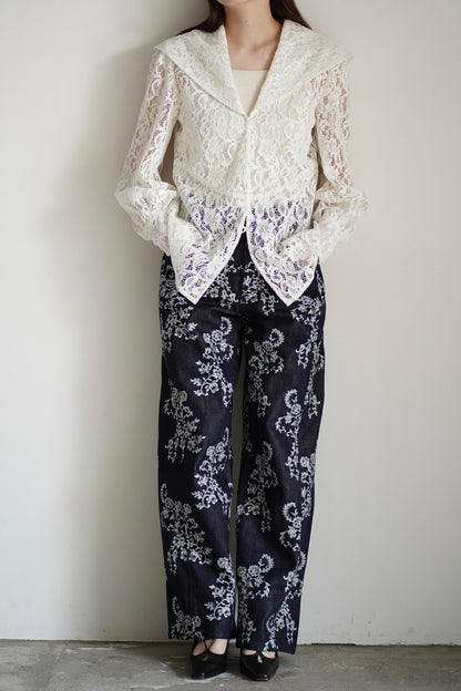 FLOCKED LACE SAILOR COLLAR BLOUSE