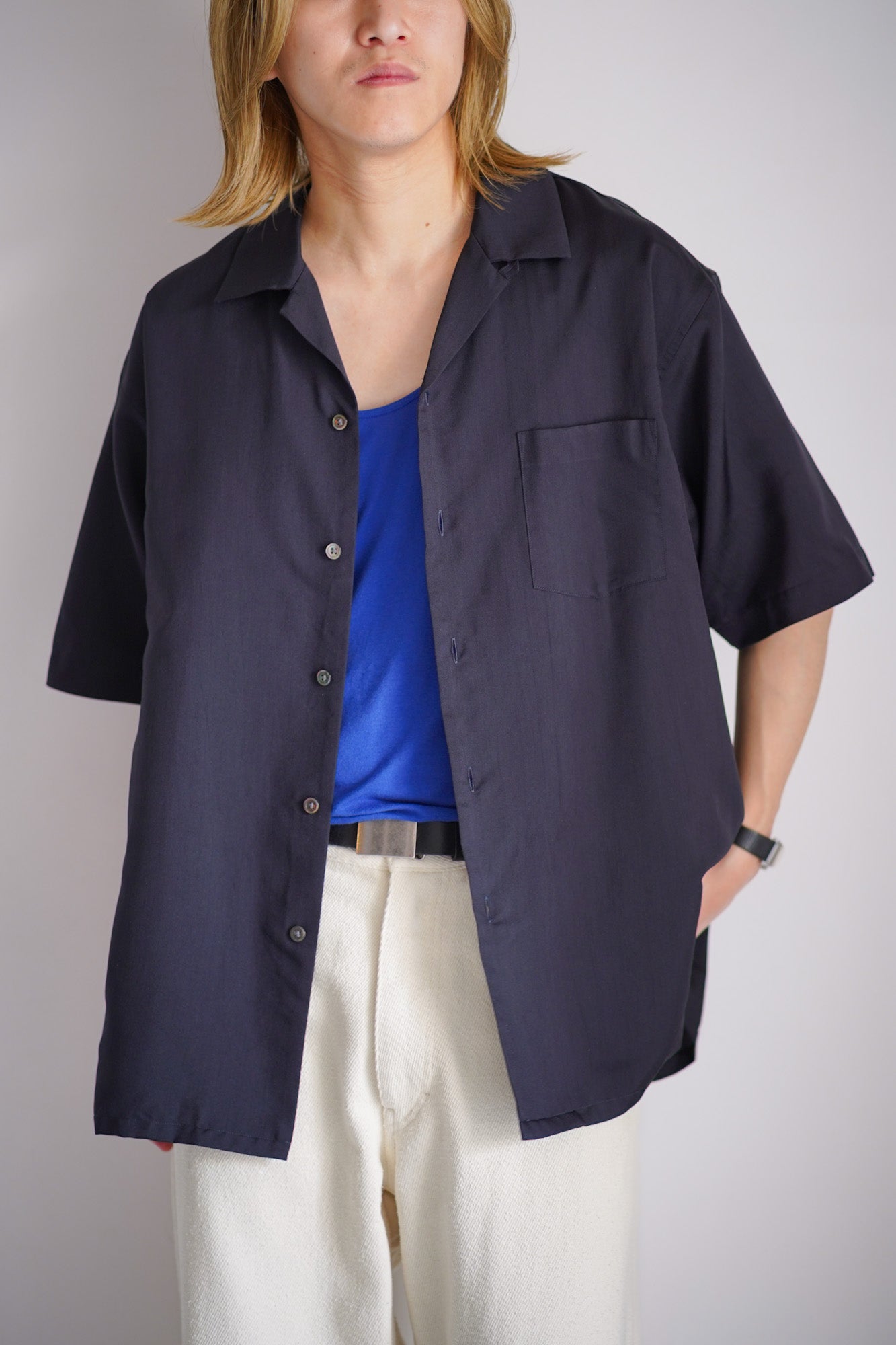 SILK CUPRO TWILL OPEN COLLAR S/S SHIRT
