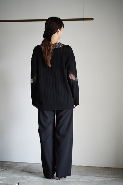 OVERSIZED HAIRY LACE PANELED KNIT CARDIGAN