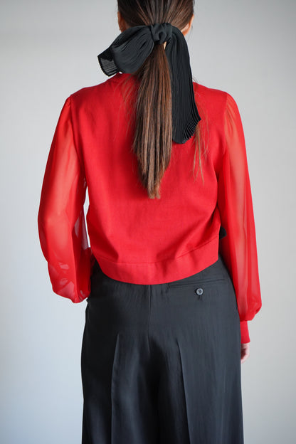 SHEER SLEEVES CREW NECK CROPPED KNIT