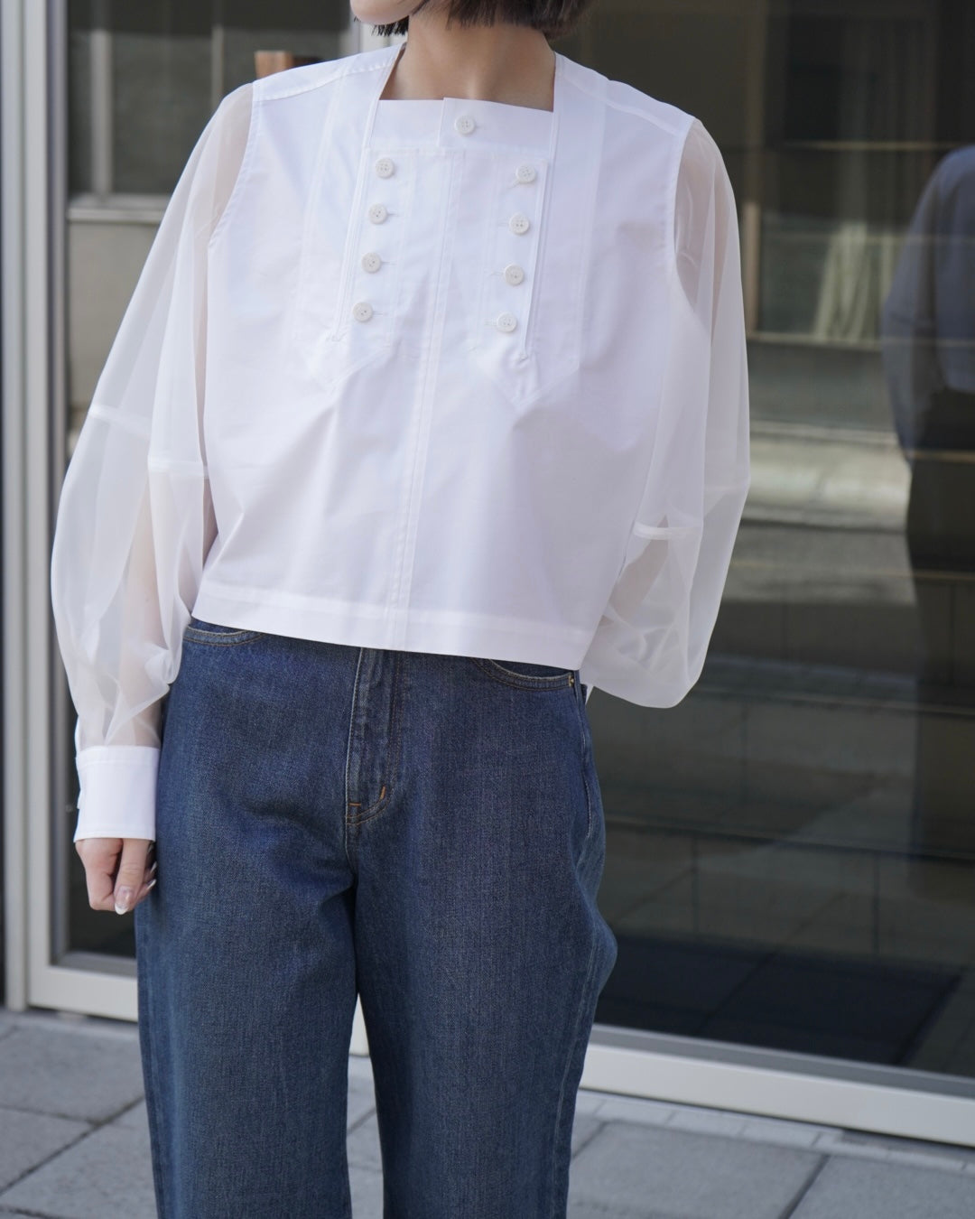 T/C SHEER SLEEVE SAILOR CROPPED BLOUSE