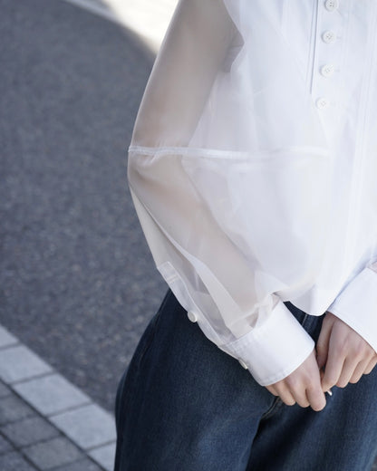 T/C SHEER SLEEVE SAILOR CROPPED BLOUSE