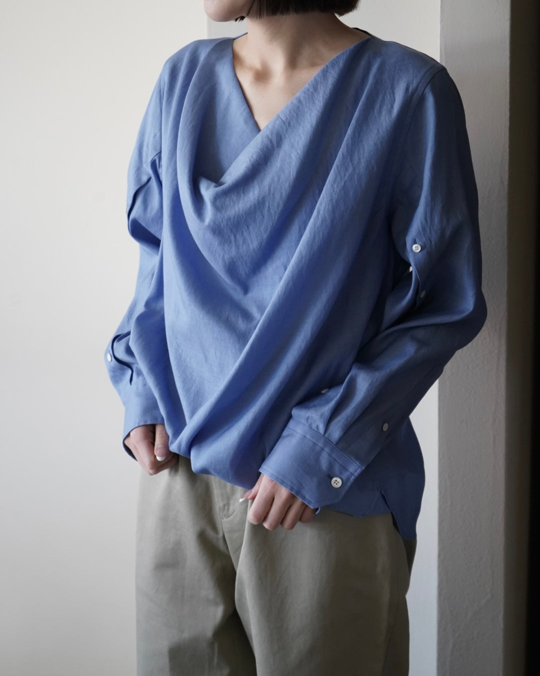 TWILL COWL NECK BLOUSE