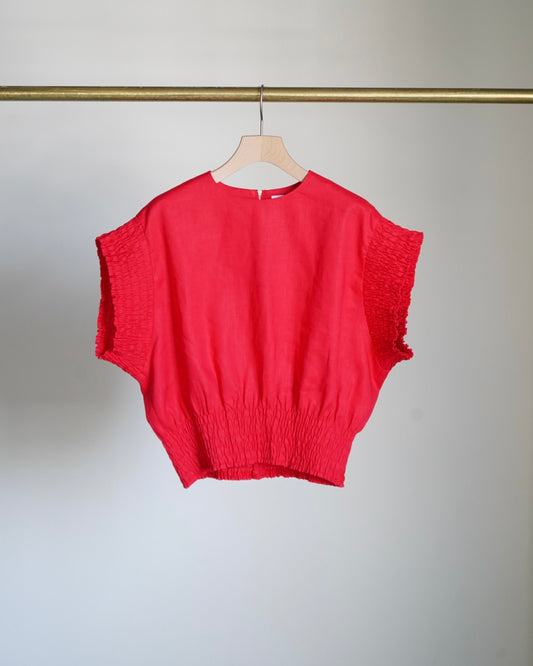 LINEN SHIRRED BLOUSE