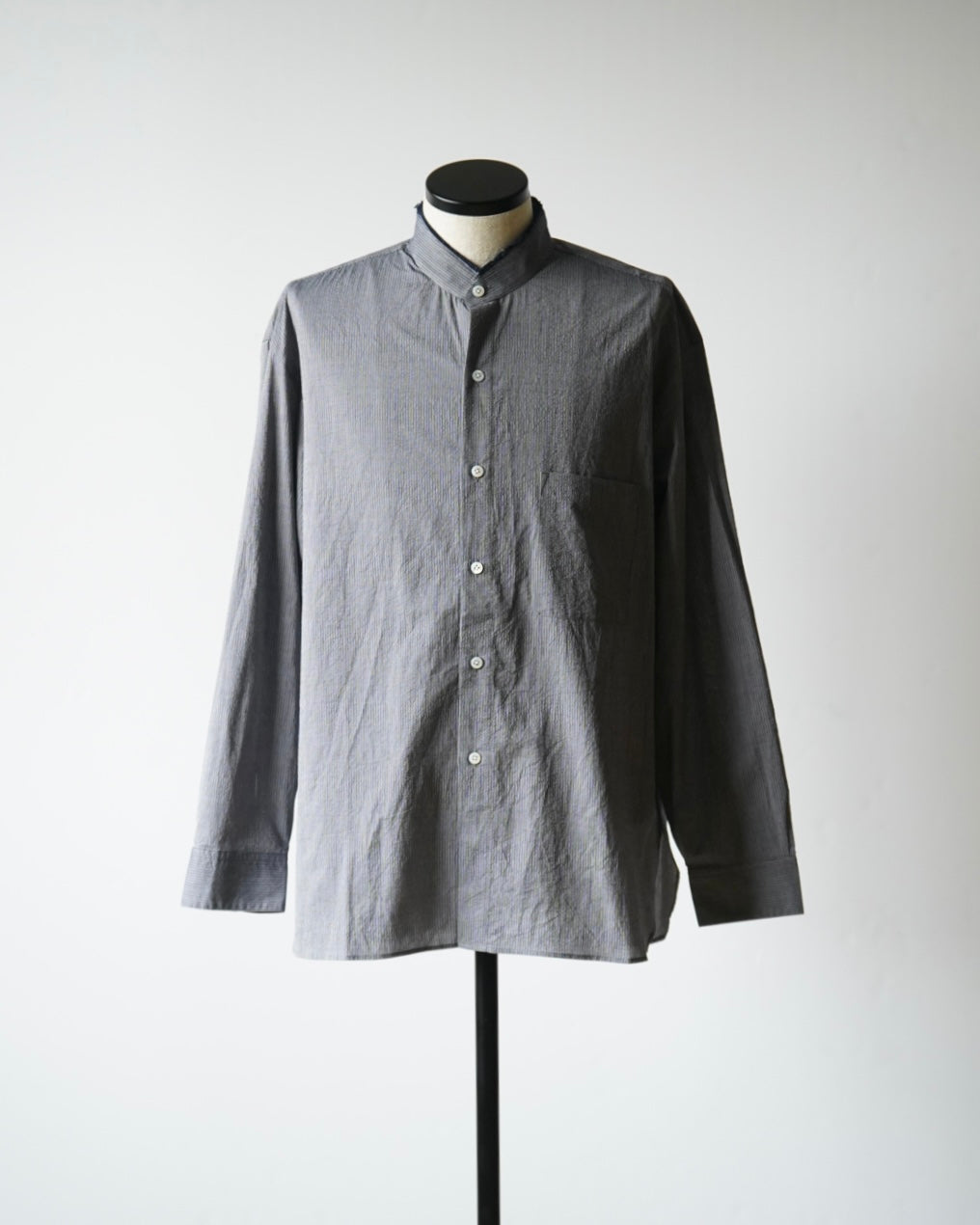 LIGHT SEERSUKER HANDMADE FRINGE MAO COLLAR SHIRT
