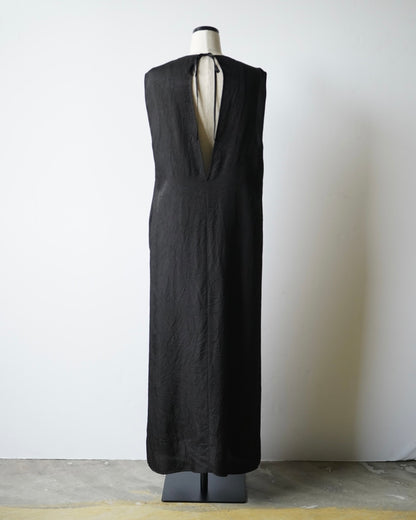WRINKLED TWILL ROUND NECK LONG DRESS