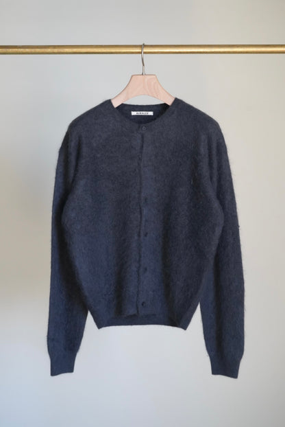 GARMENT-DYED BABY ALPACA FUR KNIT CREW-NECK CARDIGAN