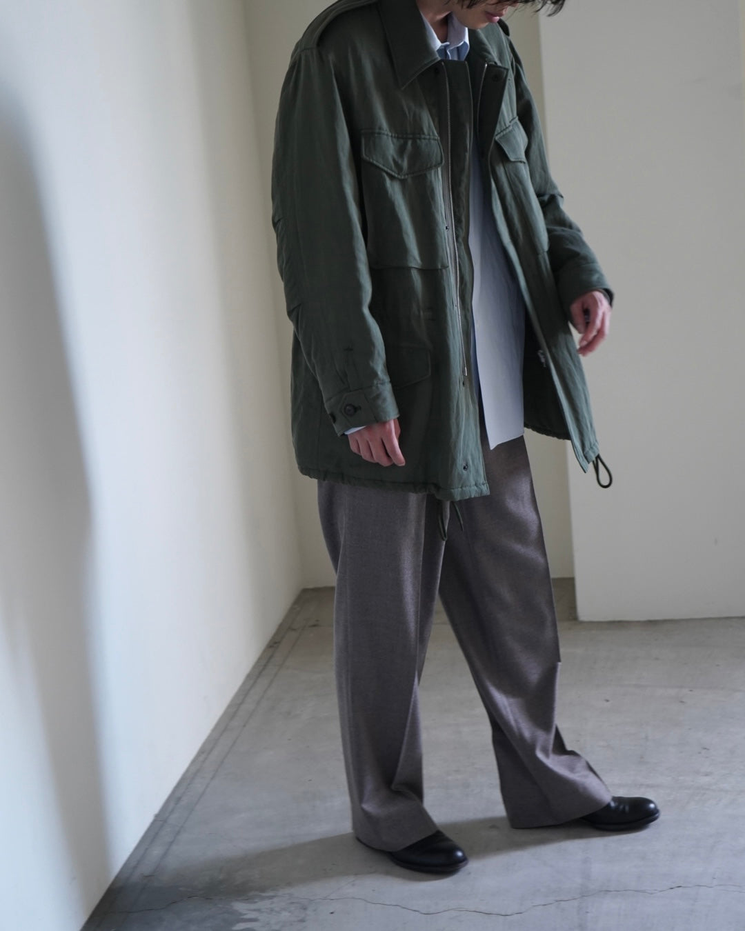 BRUSHED SILK LINEN SATIN PADDED MILITARY BLOUSON