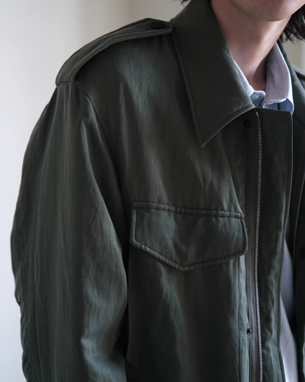 BRUSHED SILK LINEN SATIN PADDED MILITARY BLOUSON