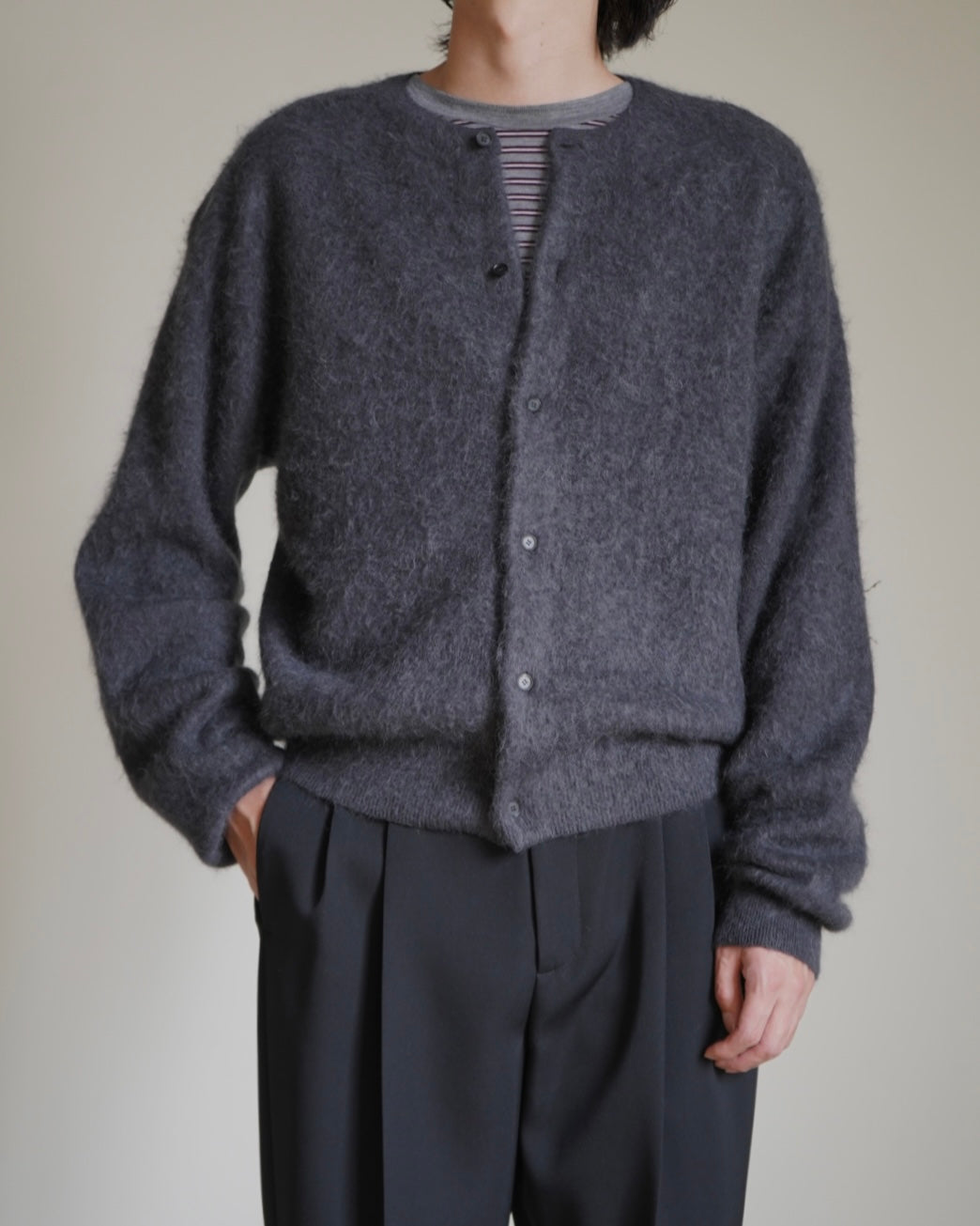 GARMENT-DYED BABY ALPACA FUR KNIT CREW-NECK CARDIGAN