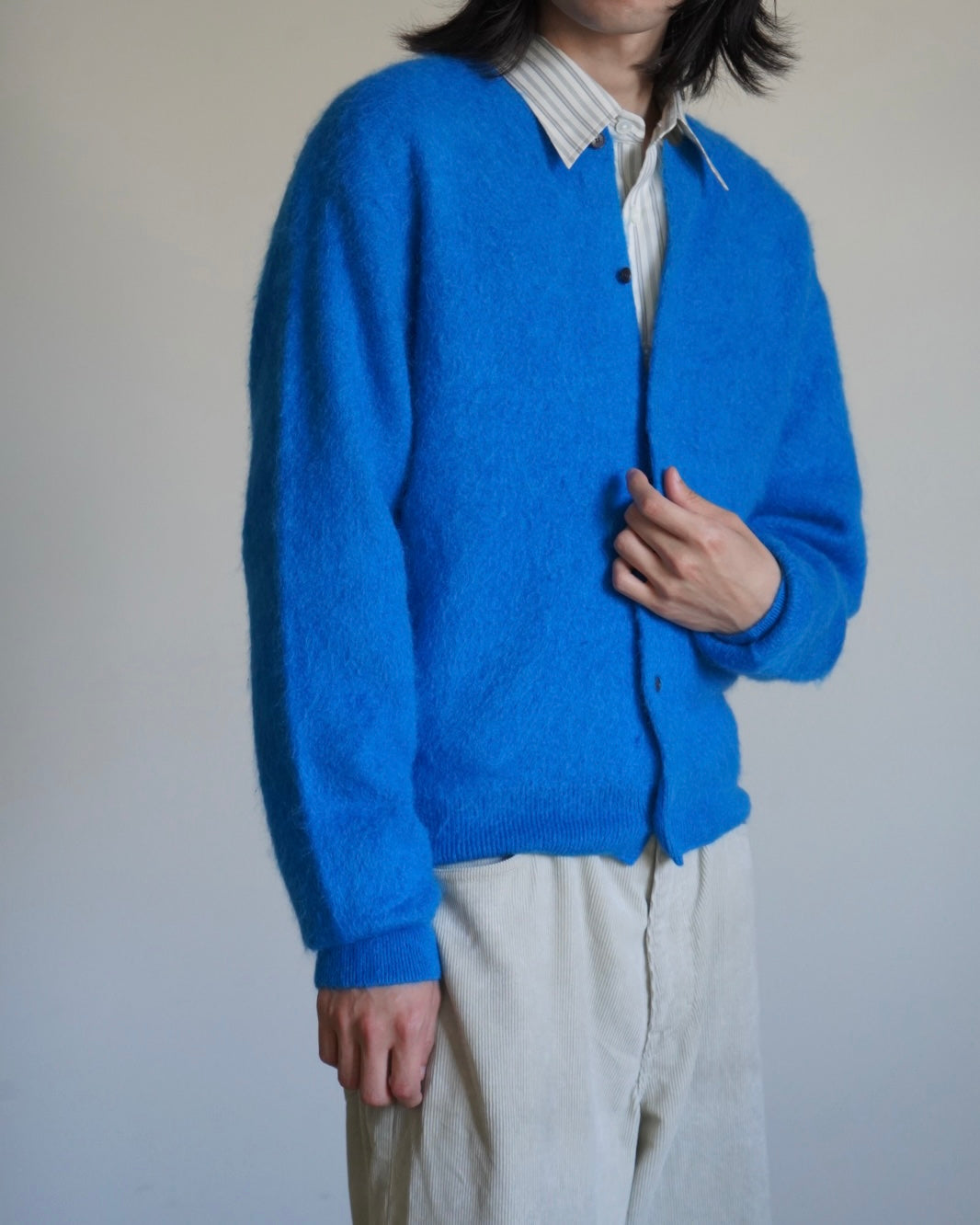 GARMENT-DYED BABY ALPACA FUR KNIT CREW-NECK CARDIGAN