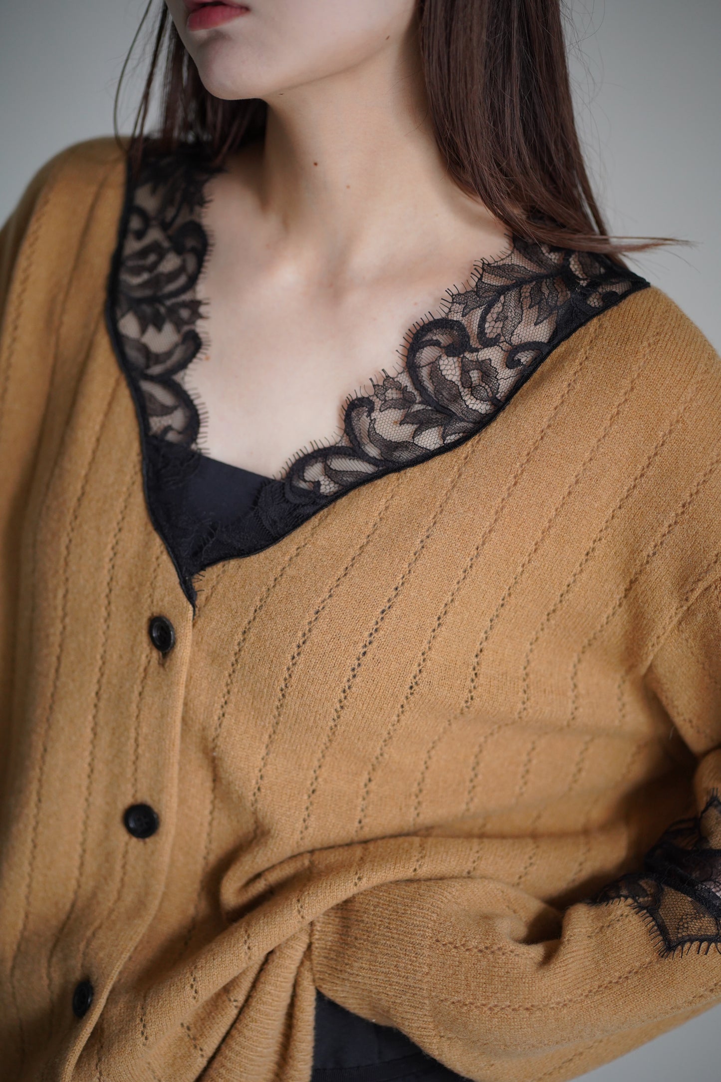 OVERSIZED HAIRY LACE PANELED KNIT CARDIGAN