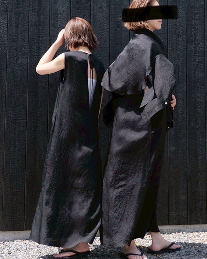 WRINKLED TWILL ROUND NECK LONG DRESS