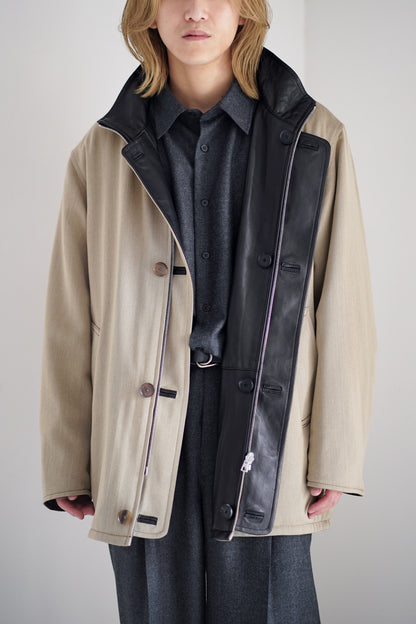 REVERSIBLE WOOL TWISTED TWILL / SHEEP LEATHER HALF COAT
