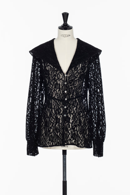 FLOCKED LACE SAILOR COLLAR BLOUSE